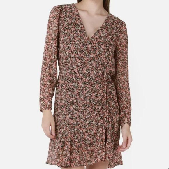 Women Dex Saffron Floral Wrap Mini Dress Ruffle Hem in Light Brown Size Medium - Picture 1 of 13
